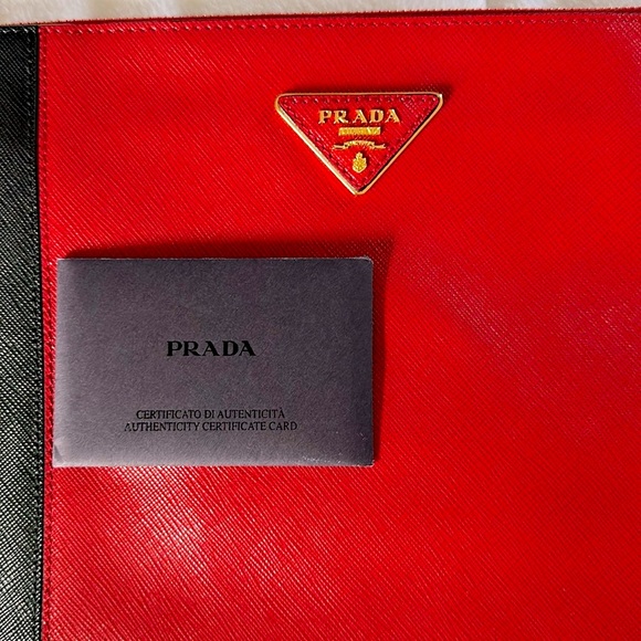 Authentic Prada Saffiano Lux Pochette in Nero + Fuoco - Picture 7 of 13